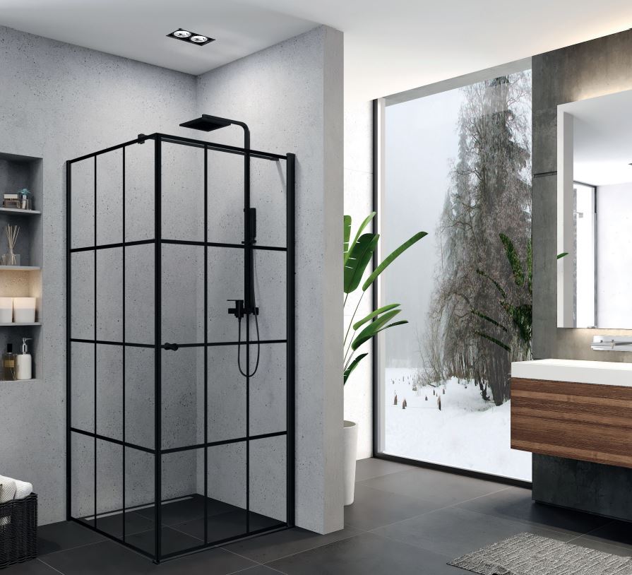 Cabina dus rectangulara cu usa batanta sopora black grid 90x90x195 cm cu montaj pe stanga